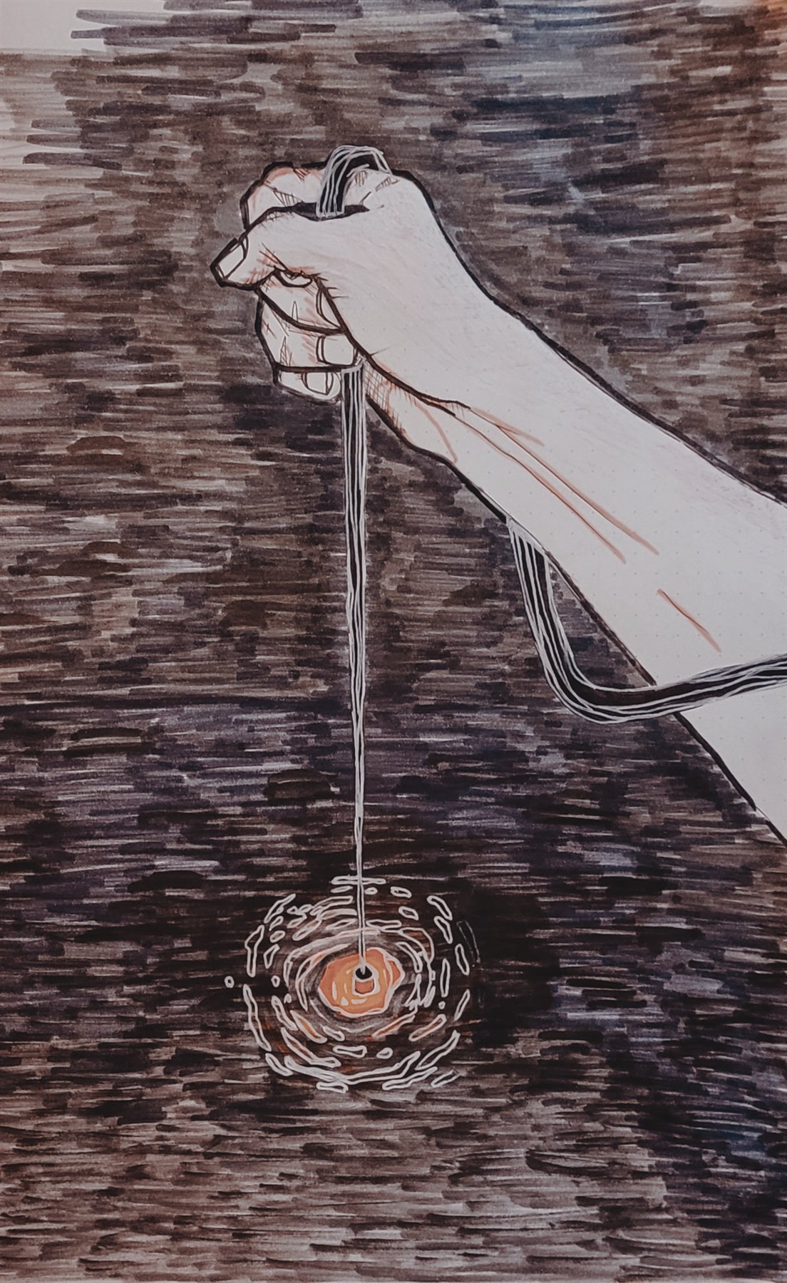 Konzeptskizze: eine Hand hält eine leuchtende Lampe an einer Schnur