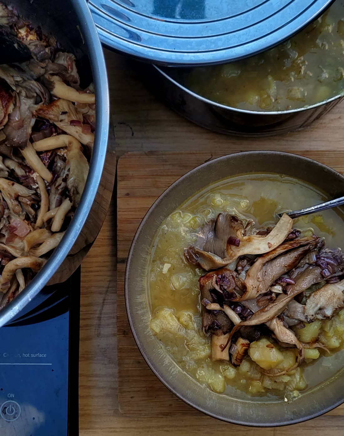 Schale mit Kartoffelsuppe und gebratenen Austernpilzen, im Hintergrund der Kochtopf