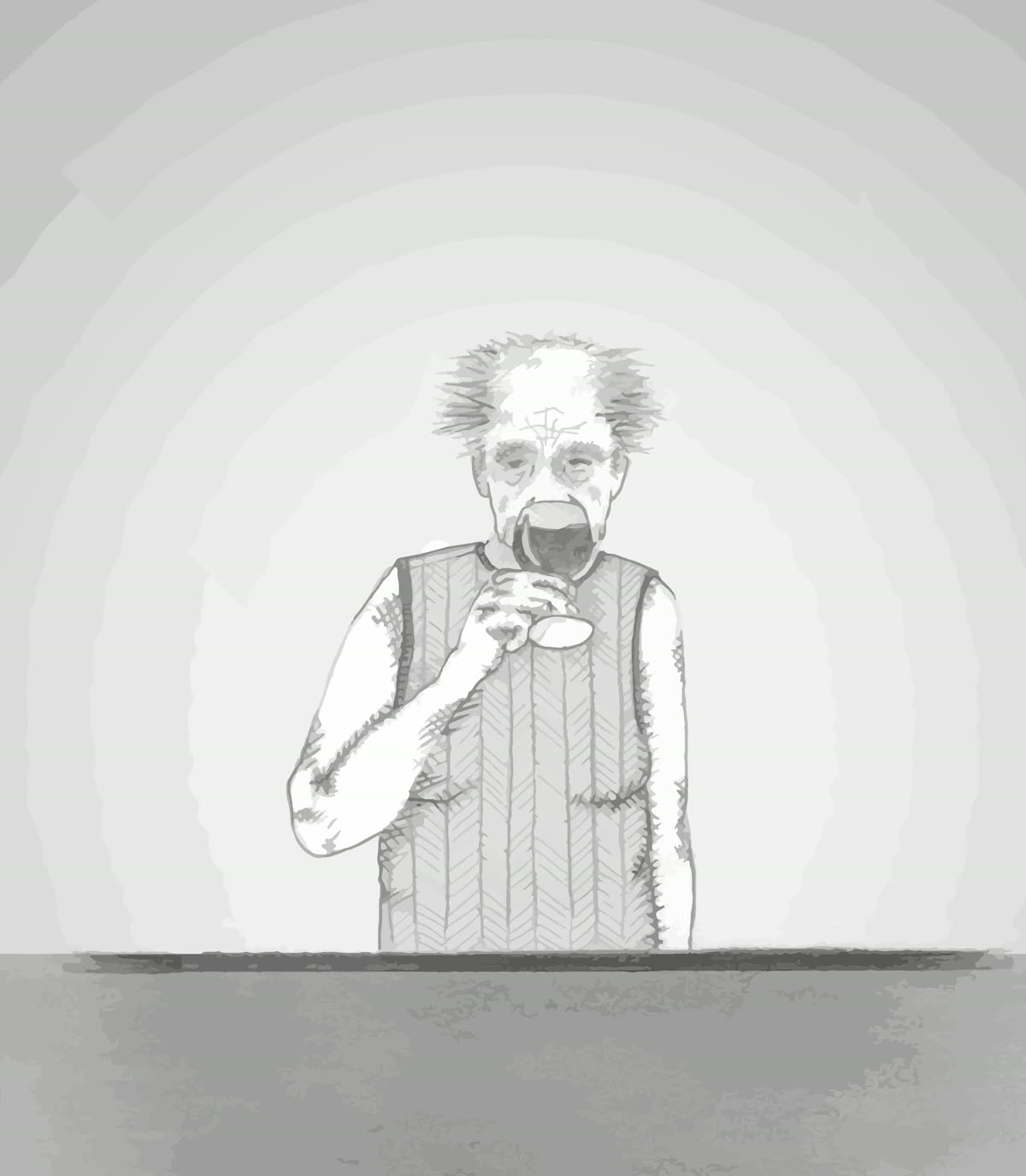 Comic-Panel 1: Der Großvater trinkt aus einer Schale