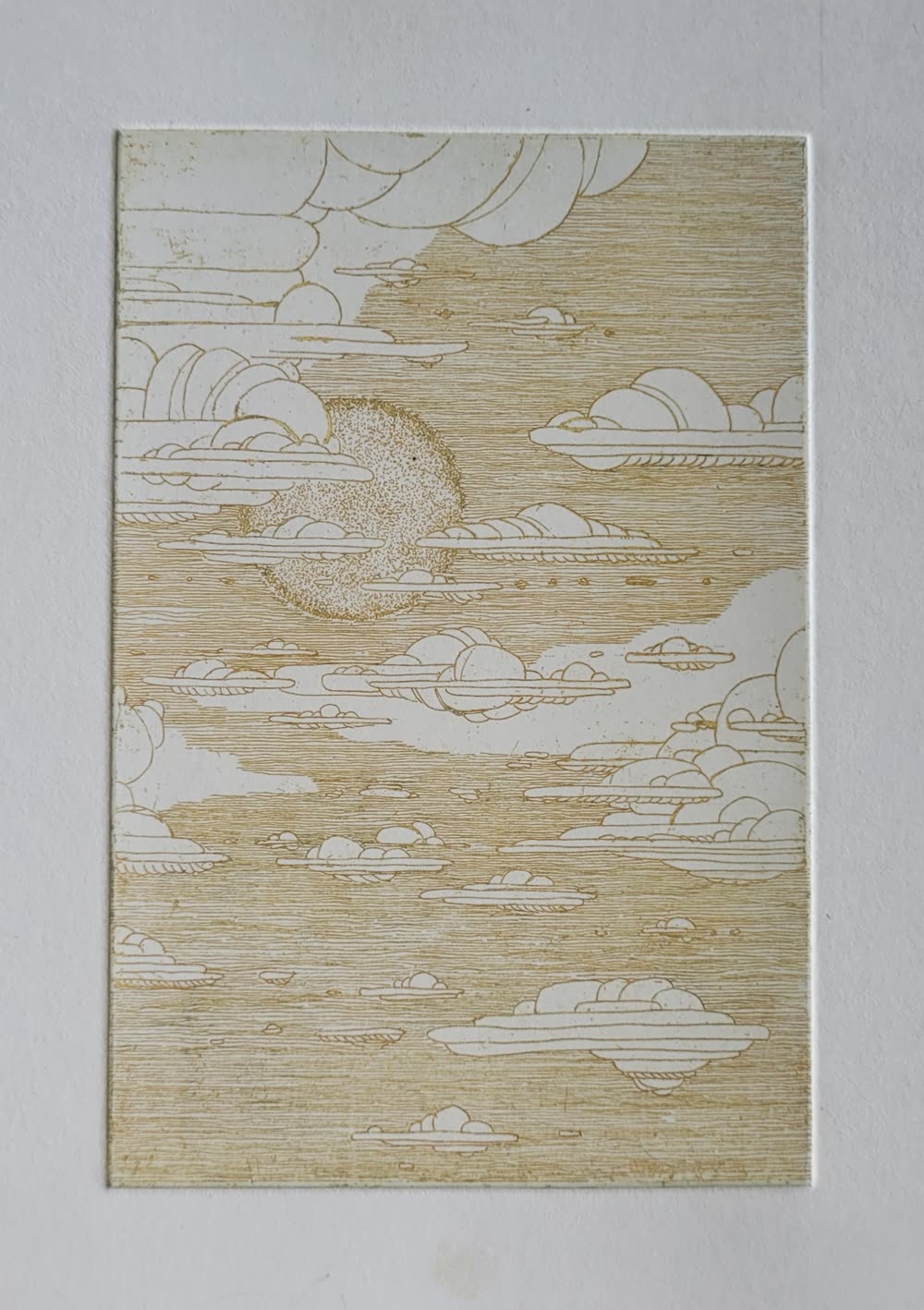Radierung „Wolken“, goldener Druck auf Papier