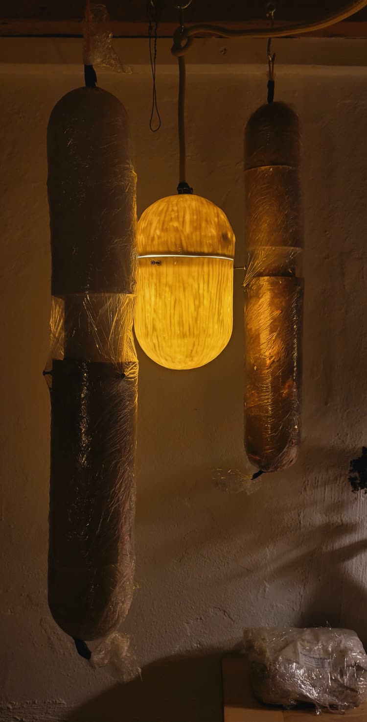 Drei hängende Rohformen in Folie neben einer fertigen, leuchtenden Lampe
