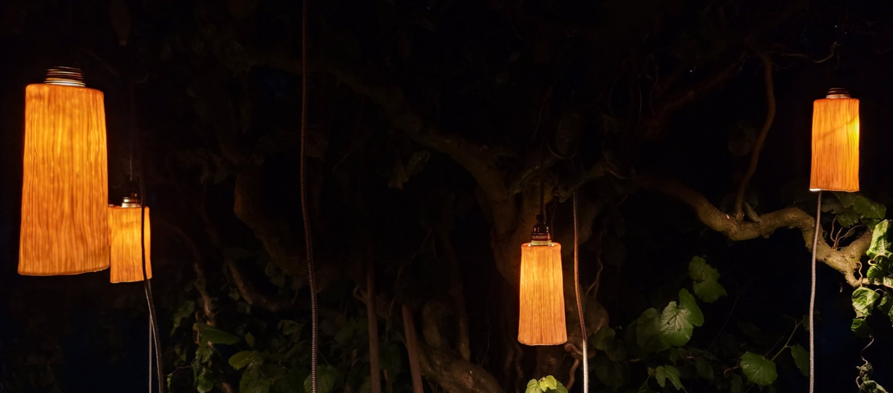 Mehrere Scheit-Lampen bei Nacht zwischen Ästen